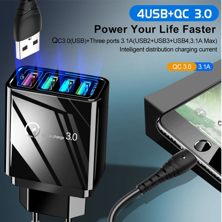 2-in-1 1m USB to Micro USB データケーブル + 30W QC 3.0 4 USBポート 携帯電話 タブレット PC 汎用急速充電器 トラベルチャージャーセット EUプラグ Micro USBセット EUプラグ
