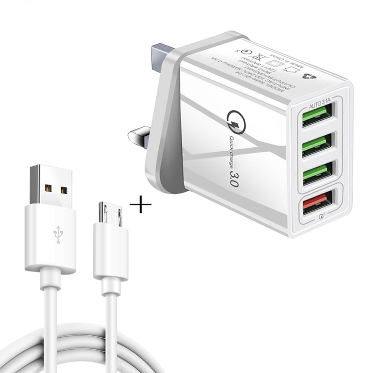 2-in-1 1m USB to Micro USB データケーブル + 30W QC 3.0 4 USBポート 携帯電話 タブレット PC 汎用急速充電器 トラベルチャージャーセット UKプラグ Micro USBセット UKプラグ