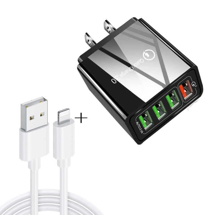 2 in 1 1m USB to 8ピンデータケーブル + 30W QC 3.0 4 USBインターフェース モバイルフォン タブレット PC ユニバーサルクイックチャージャー トラベルチャージャーセット、USプラグ、8ピンセット USプラグ