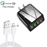 2 in 1 1m USB to 8ピンデータケーブル + 30W QC 3.0 4 USBインターフェース モバイルフォン タブレット PC ユニバーサルクイックチャージャー トラベルチャージャーセット、USプラグ、8ピンセット USプラグ