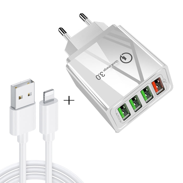 2 in 1 1m USB to 8ピンデータケーブル + 30W QC 3.0 4 USBインターフェース モバイルフォン タブレット PC ユニバーサルクイックチャージャー トラベルチャージャーセット、EUプラグ、8ピンセット EUプラグ