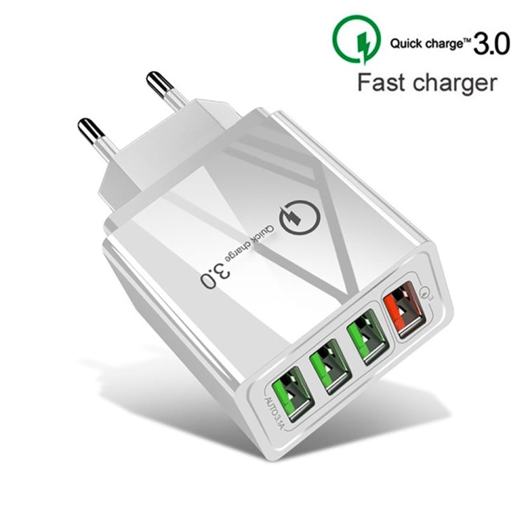 2 in 1 1m USB to 8ピンデータケーブル + 30W QC 3.0 4 USBインターフェース モバイルフォン タブレット PC ユニバーサルクイックチャージャー トラベルチャージャーセット、EUプラグ、8ピンセット EUプラグ