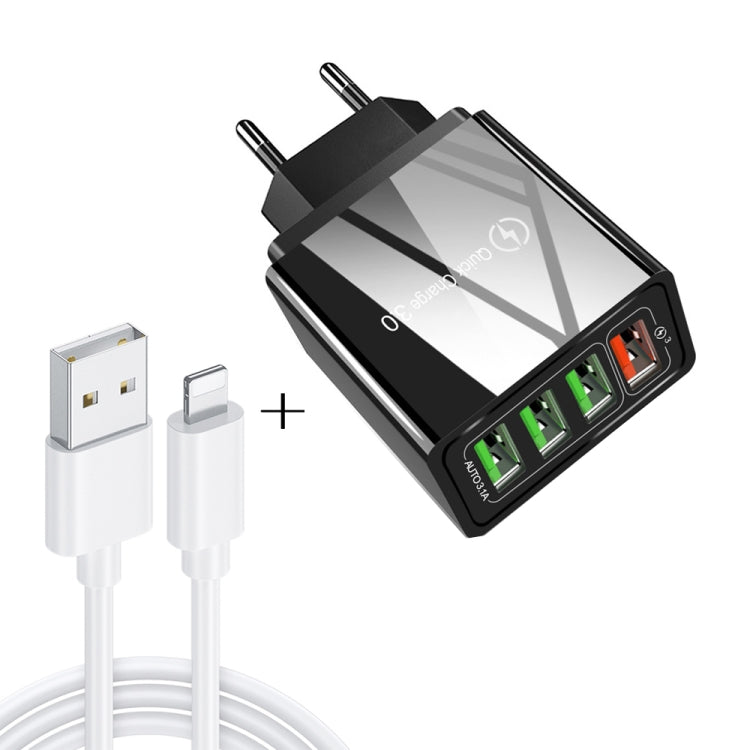 2 in 1 1m USB to 8ピンデータケーブル + 30W QC 3.0 4 USBインターフェース モバイルフォン タブレット PC ユニバーサルクイックチャージャー トラベルチャージャーセット、EUプラグ、8ピンセット EUプラグ