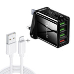 2 in 1 1m USB to 8ピンデータケーブル + 30W QC 3.0 4 USBインターフェース モバイルフォン タブレット PC ユニバーサルクイックチャージャー トラベルチャージャーセット、UKプラグ、8ピンセット UKプラグ