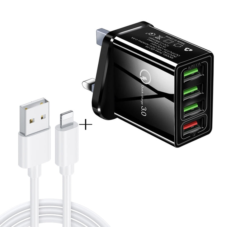 2 in 1 1m USB to 8ピンデータケーブル + 30W QC 3.0 4 USBインターフェース モバイルフォン タブレット PC ユニバーサルクイックチャージャー トラベルチャージャーセット、UKプラグ、8ピンセット UKプラグ