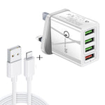 2 in 1 1m USB to 8ピンデータケーブル + 30W QC 3.0 4 USBインターフェース モバイルフォン タブレット PC ユニバーサルクイックチャージャー トラベルチャージャーセット、UKプラグ、8ピンセット UKプラグ