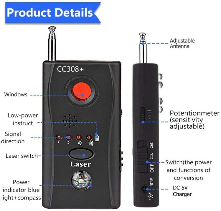 CC308 フルレンジカメラレーザー検出器 ミニワイヤレスカメラ信号 GSMデバイスファインダー