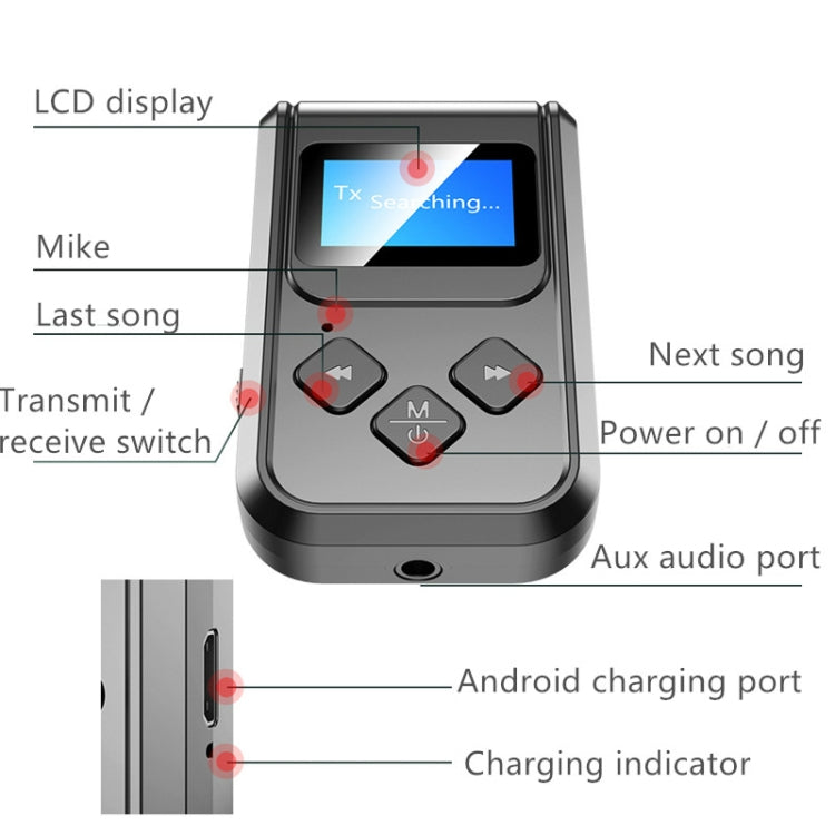 T15 2in1 Bluetooth 5.0 ミュージックレシーバー送信機 スクリーン付き、T15