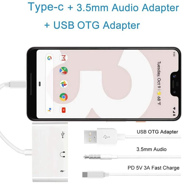 3-in-1 USB-C OTGアダプター 3.5mmヘッドホンジャック付き、iPad ProおよびType-Cジャック搭載スマホ対応、3-in-1