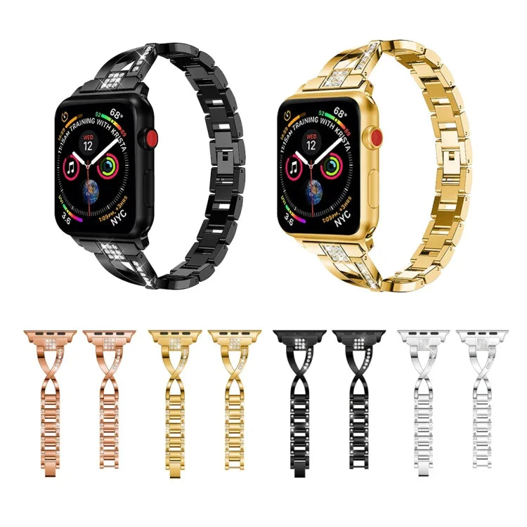 X字型ダイヤモンド装飾無垢ステンレススチールリストストラップウォッチバンド Apple Watch Series 3 & 2 & 1 38mm用
