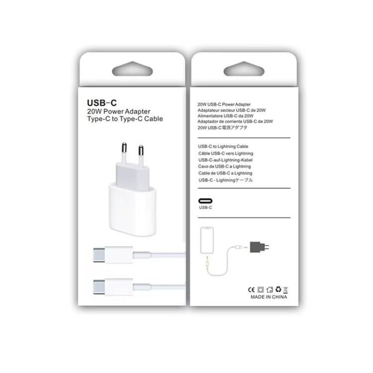 2-in-1 PD 20W シングルUSB-C / Type-Cポート トラベルチャージャー＋3A PD3.0 USB-C / Type-C to USB-C / Type-C高速充電データケーブルセット、ケーブル長：1m、EUプラグ、20W 1m