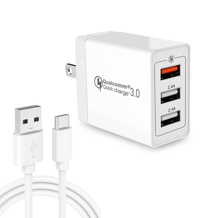 SDC-30W 2-in-1 USB to USB-C / Type-C データケーブル + 30W QC 3.0 USB + 2.4A デュアル USB 2.0 ポート 携帯電話 タブレット PC 用 ユニバーサル急速充電器 トラベルチャージャーセット、米国プラグ、USB-C / Type-C ケーブル付き、米国プラグ