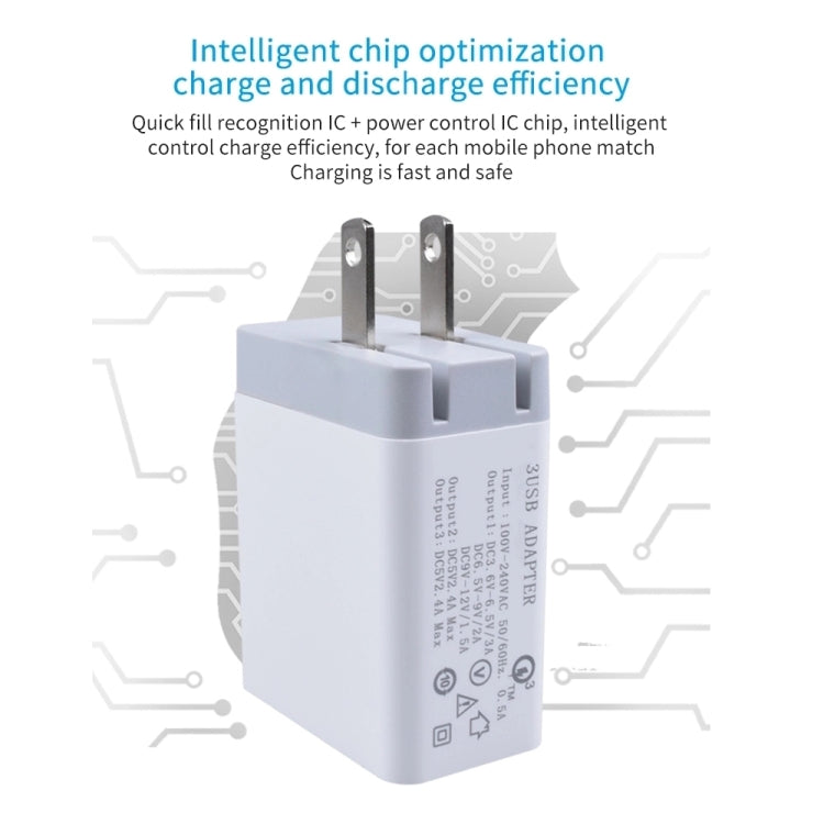 SDC-30W 2-in-1 USB to USB-C / Type-C データケーブル + 30W QC 3.0 USB + 2.4A デュアル USB 2.0 ポート 携帯電話 タブレット PC 用 ユニバーサル急速充電器 トラベルチャージャーセット、米国プラグ、USB-C / Type-C ケーブル付き、米国プラグ