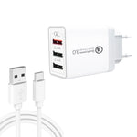 SDC-30W 2-in-1 USB to USB-C / Type-C データケーブル + 30W QC 3.0 USB + 2.4A デュアル USB 2.0 ポート 携帯電話 タブレット PC 用 ユニバーサル急速充電器 トラベルチャージャーセット、EUプラグ、USB-C / Type-C ケーブル付き、EUプラグ