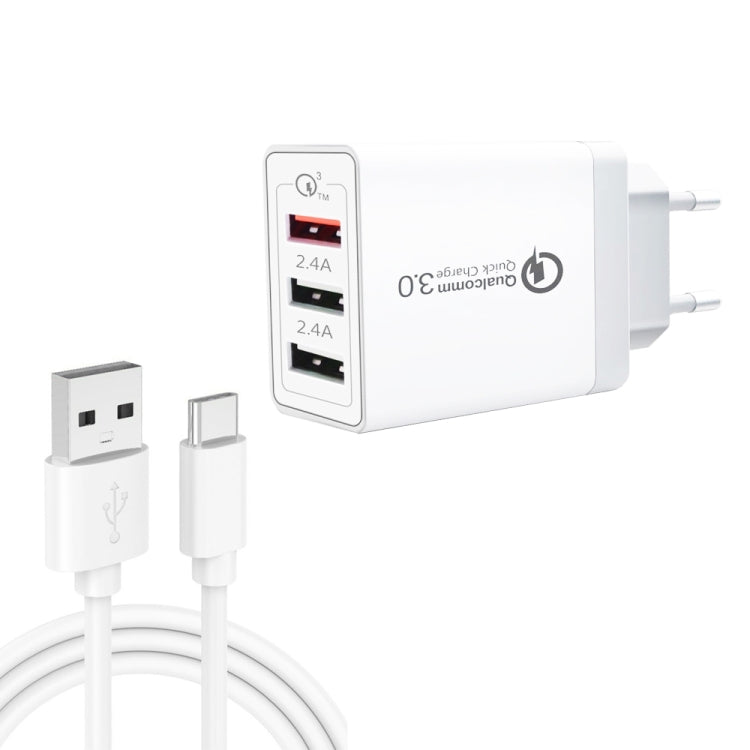 SDC-30W 2-in-1 USB to USB-C / Type-C データケーブル + 30W QC 3.0 USB + 2.4A デュアル USB 2.0 ポート 携帯電話 タブレット PC 用 ユニバーサル急速充電器 トラベルチャージャーセット、EUプラグ、USB-C / Type-C ケーブル付き、EUプラグ