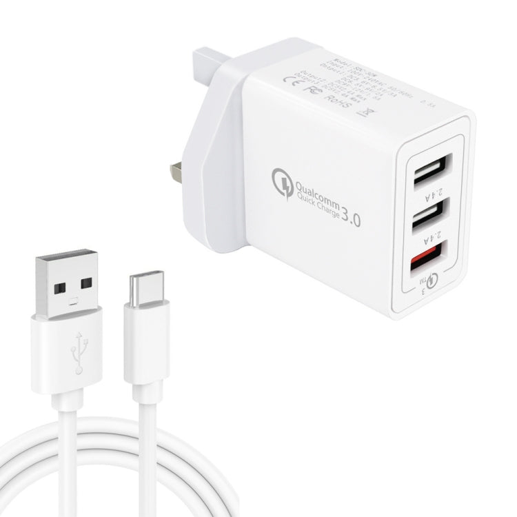 SDC-30W 2-in-1 USB to USB-C / Type-C データケーブル + 30W QC 3.0 USB + 2.4A デュアル USB 2.0 ポート 携帯電話 タブレット PC 用 ユニバーサル急速充電器 トラベルチャージャーセット、英国プラグ、USB-C / Type-C ケーブル付き、英国プラグ