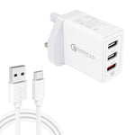 SDC-30W 2-in-1 USB to USB-C / Type-C データケーブル + 30W QC 3.0 USB + 2.4A デュアル USB 2.0 ポート 携帯電話 タブレット PC 用 ユニバーサル急速充電器 トラベルチャージャーセット、英国プラグ、USB-C / Type-C ケーブル付き、英国プラグ