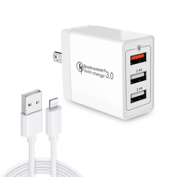SDC-30W 2in1 USB to 8ピン データケーブル + 30W QC 3.0 USB + 2.4A デュアルUSB 2.0ポート 携帯電話 タブレットPC 汎用クイックチャージャー トラベルチャージャーセット、USプラグ、8ピンケーブル付き、USプラグ