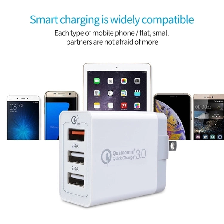 SDC-30W 2in1 USB to 8ピン データケーブル + 30W QC 3.0 USB + 2.4A デュアルUSB 2.0ポート 携帯電話 タブレットPC 汎用クイックチャージャー トラベルチャージャーセット、USプラグ、8ピンケーブル付き、USプラグ