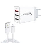 SDC-30W 2イン1 USBから8ピンデータケーブル＋30W QC 3.0 USB＋2.4A デュアルUSB 2.0ポート モバイルフォン タブレット PC ユニバーサルクイックチャージャー トラベル充電器セット、EUプラグ、8ピンケーブル付き、EUプラグ
