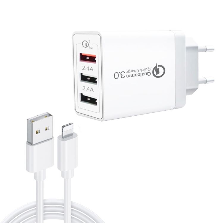 SDC-30W 2イン1 USBから8ピンデータケーブル＋30W QC 3.0 USB＋2.4A デュアルUSB 2.0ポート モバイルフォン タブレット PC ユニバーサルクイックチャージャー トラベル充電器セット、EUプラグ、8ピンケーブル付き、EUプラグ