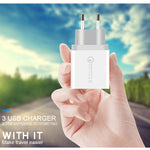 SDC-30W 2イン1 USBから8ピンデータケーブル＋30W QC 3.0 USB＋2.4A デュアルUSB 2.0ポート モバイルフォン タブレット PC ユニバーサルクイックチャージャー トラベル充電器セット、EUプラグ、8ピンケーブル付き、EUプラグ