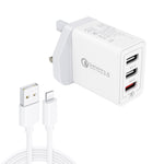 SDC-30W 2-in-1 USBから8ピンデータケーブル＋30W QC 3.0 USB＋2.4A デュアルUSB 2.0ポート モバイルフォン タブレット PC ユニバーサル急速充電器 トラベルチャージャーセット、UKプラグ、8ピンケーブル付き、UKプラグ