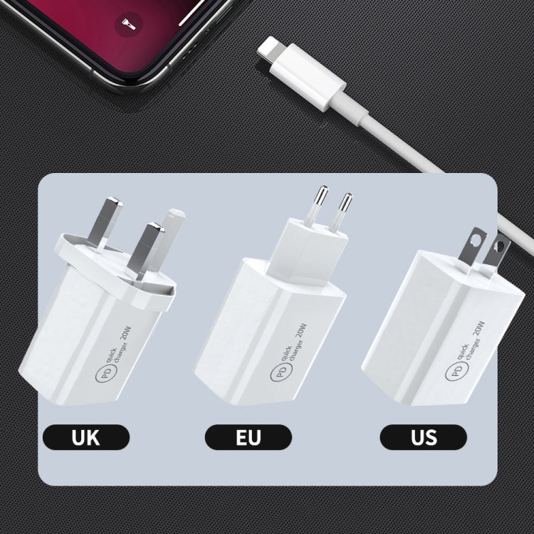 SDC-20W 2イン1 PD 20W USB-C / Type-C トラベルチャージャー + 3A PD3.0 USB-C / Type-C から8ピン高速充電データケーブルセット、ケーブル長さ：1m、USプラグ、EUプラグ、UKプラグ