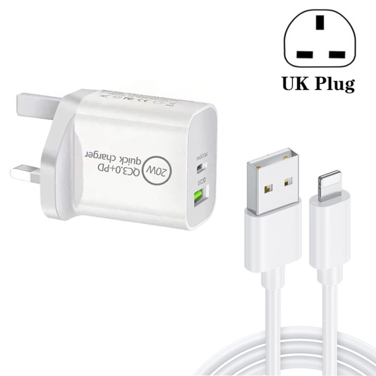 SDC-20WA+C 20W PD 3.0 + QC 3.0 USB デュアル急速充電ユニバーサルトラベルチャージャー、Micro USB to 8ピン急速充電データケーブル付き、UKプラグ、USB to 8ピン（UKプラグ）