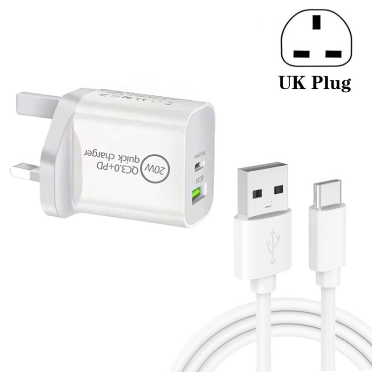SDC-20WA+C 20W PD 3.0 + QC 3.0 USB デュアル急速充電ユニバーサルトラベルチャージャー、USB to Type-C / USB-C 急速充電データケーブル付き、UKプラグ、USB to Type-C / USB-C（UKプラグ）