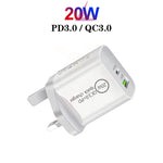SDC-20WA+C 20W PD 3.0 + QC 3.0 USB デュアル急速充電ユニバーサルトラベルチャージャー、USB to Type-C / USB-C 急速充電データケーブル付き、UKプラグ、USB to Type-C / USB-C（UKプラグ）