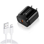 LZ-023 18W QC 3.0 USBポータブルトラベルチャージャー + 3A USB to 8ピンデータケーブル、USプラグ、USB to 8ピンデータケーブル、USプラグ、8ピンデータケーブル、USプラグ