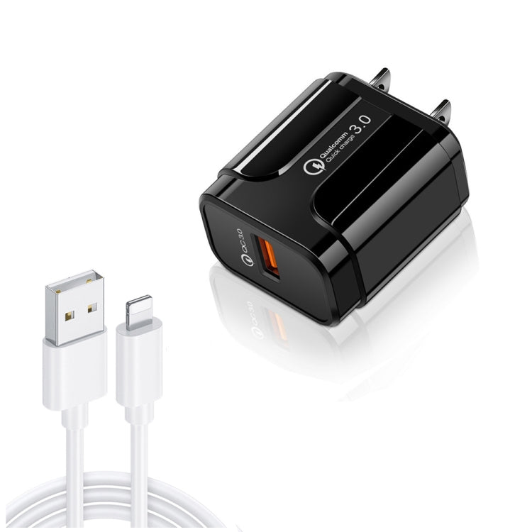 LZ-023 18W QC 3.0 USBポータブルトラベルチャージャー + 3A USB to 8ピンデータケーブル、USプラグ、USB to 8ピンデータケーブル、USプラグ、8ピンデータケーブル、USプラグ