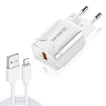LZ-023 18W QC 3.0 USBポータブルトラベルチャージャー + 3A USB to 8ピンデータケーブル、EUプラグ、8ピンデータケーブル、EUプラグ