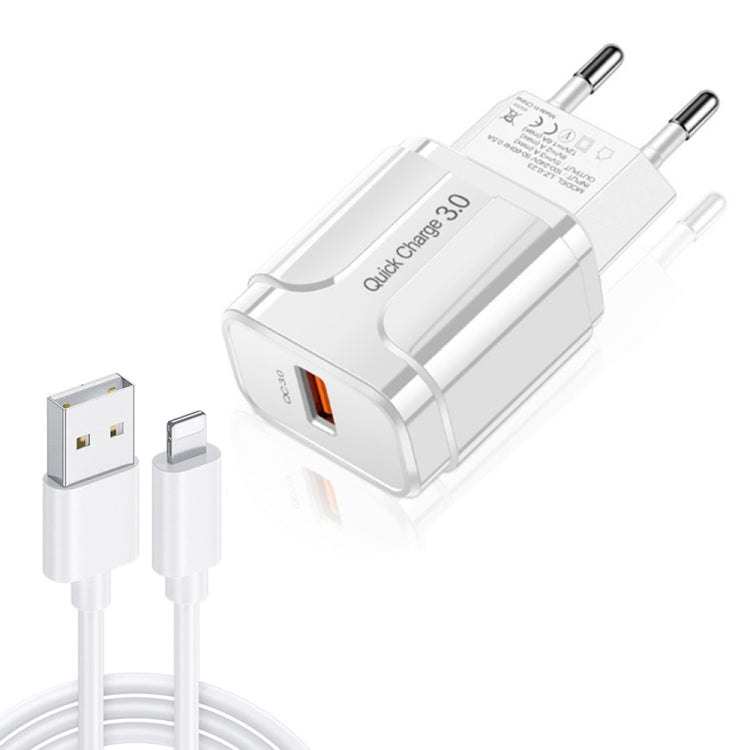 LZ-023 18W QC 3.0 USBポータブルトラベルチャージャー + 3A USB to 8ピンデータケーブル、EUプラグ、8ピンデータケーブル、EUプラグ