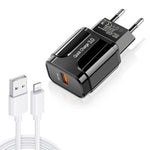 LZ-023 18W QC 3.0 USBポータブルトラベルチャージャー + 3A USB to 8ピンデータケーブル、EUプラグ、8ピンデータケーブル、EUプラグ