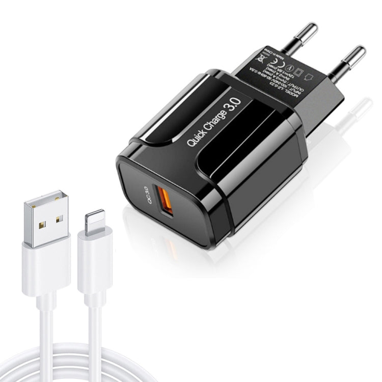 LZ-023 18W QC 3.0 USBポータブルトラベルチャージャー + 3A USB to 8ピンデータケーブル、EUプラグ、8ピンデータケーブル、EUプラグ