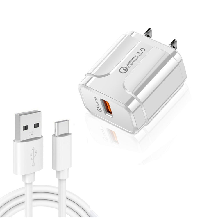 LZ-023 18W QC3.0 USBポータブルトラベルチャージャー + 3A USBからType-Cデータケーブル、USプラグ、Type-Cデータケーブル、USプラグ