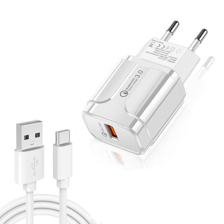 LZ-023 18W QC 3.0 USBポータブルトラベルチャージャー + 3A USBからType-Cデータケーブル、EUプラグ、Type-Cデータケーブル、EUプラグ