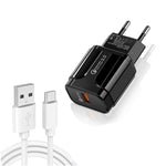 LZ-023 18W QC 3.0 USBポータブルトラベルチャージャー + 3A USBからType-Cデータケーブル、EUプラグ、Type-Cデータケーブル、EUプラグ