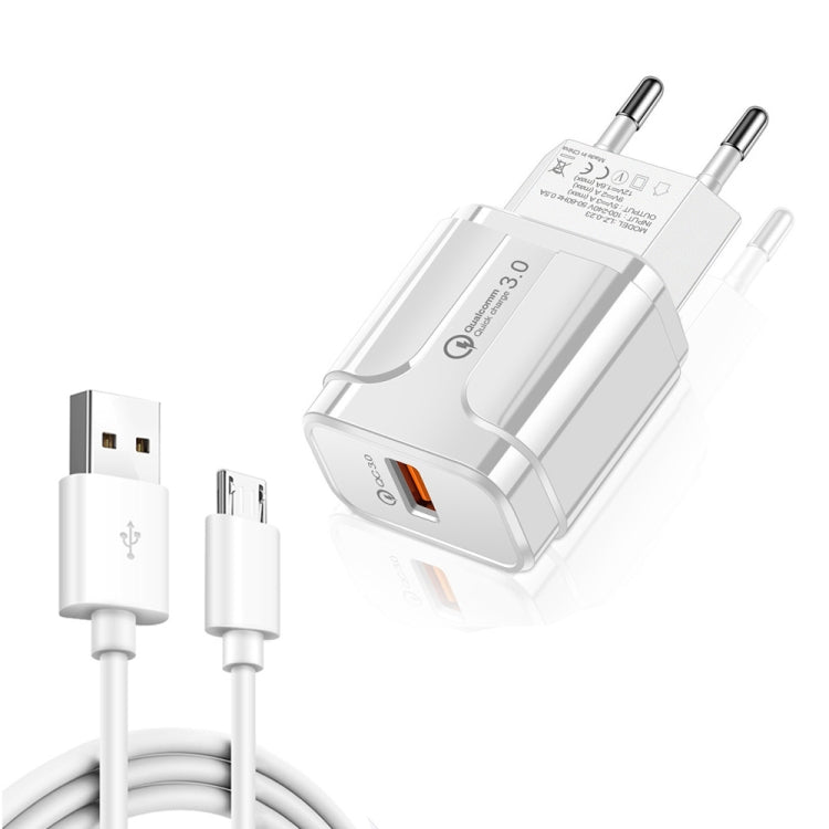 LZ-023 18W QC 3.0 USBポータブルトラベルチャージャー + 3A USBからMicro USBデータケーブル、EUプラグ、Micro USBデータケーブル、EUプラグ