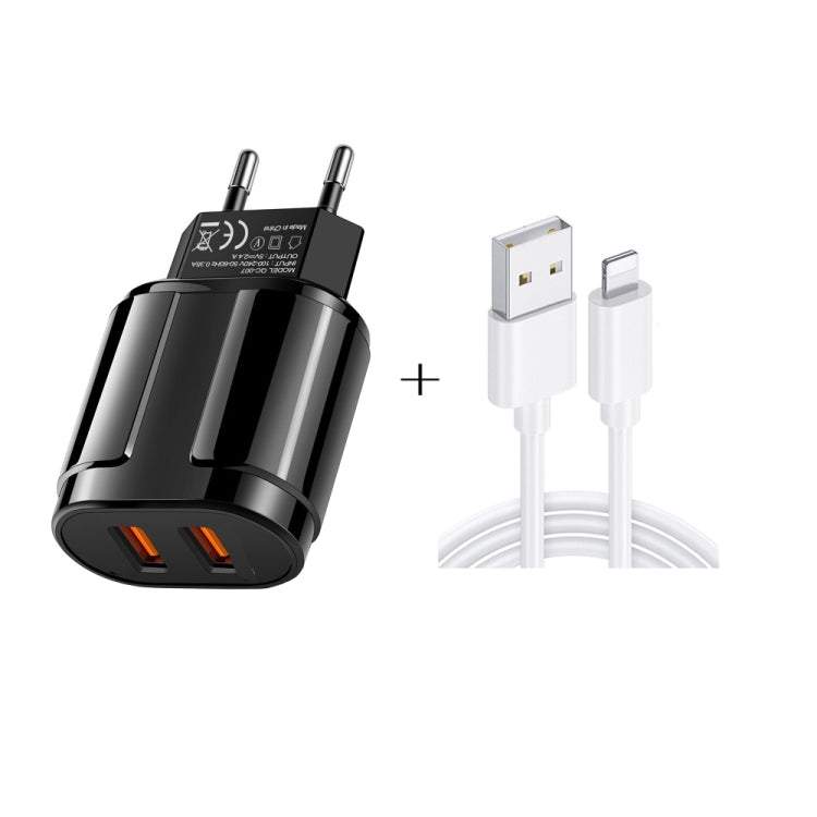 デュアルUSBポータブルトラベルチャージャー + 1メートルUSB to 8ピンデータケーブル、EUプラグ