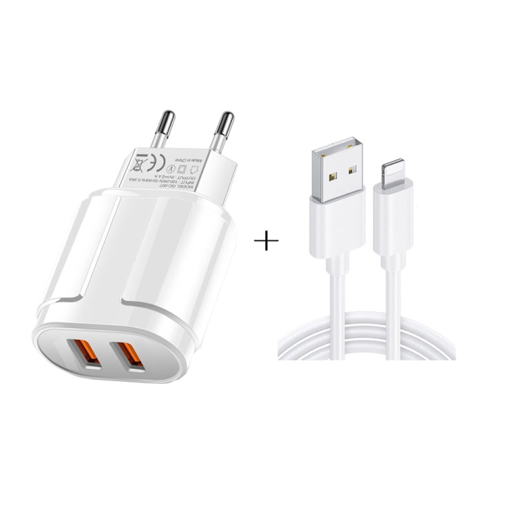 デュアルUSBポータブルトラベルチャージャー + 1メートルUSB to 8ピンデータケーブル、EUプラグ