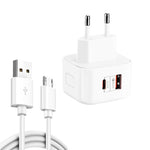 YSY-6087PD 20W PD3.0 + QC3.0 デュアル急速充電トラベルチャージャー USBからMicro USBデータケーブル付き、EUプラグ、USプラグ、UKプラグ