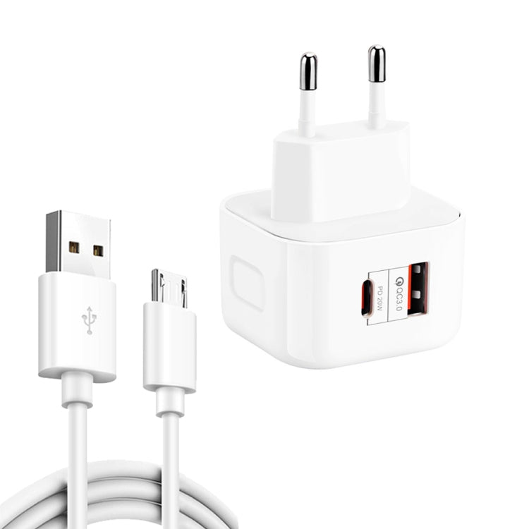 YSY-6087PD 20W PD3.0 + QC3.0 デュアル急速充電トラベルチャージャー USBからMicro USBデータケーブル付き、EUプラグ、USプラグ、UKプラグ
