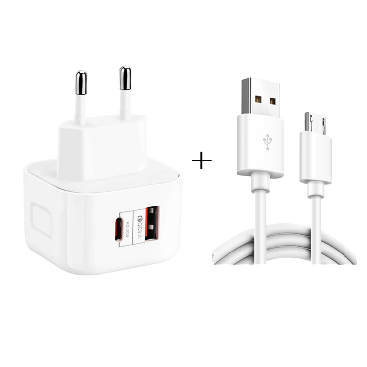 YSY-6087PD 20W PD3.0 + QC3.0 デュアル急速充電トラベルチャージャー USBからMicro USBデータケーブル付き、EUプラグ、USプラグ、UKプラグ