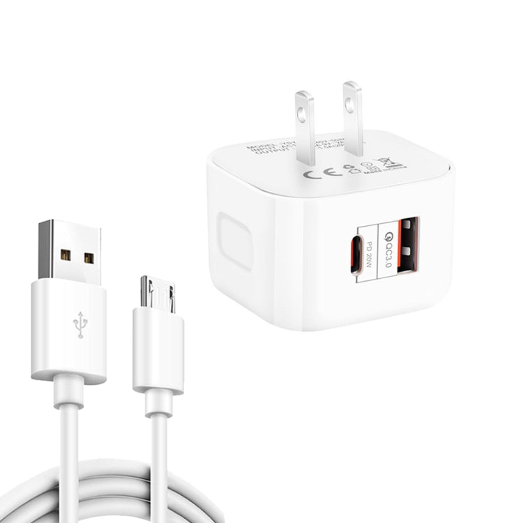 YSY-6087PD 20W PD3.0 + QC3.0 デュアル急速充電トラベルチャージャー USBからMicro USBデータケーブル付き、EUプラグ、USプラグ、UKプラグ