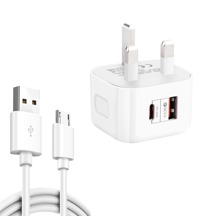 YSY-6087PD 20W PD3.0 + QC3.0 デュアル急速充電トラベルチャージャー USBからMicro USBデータケーブル付き、EUプラグ、USプラグ、UKプラグ