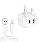 YSY-6087PD 20W PD3.0 + QC3.0 デュアル高速充電トラベルチャージャー USB to Type-Cデータケーブル付き、EUプラグ、USプラグ、UKプラグ