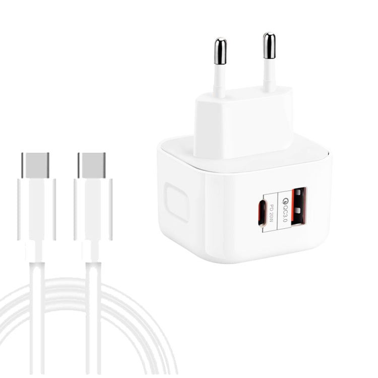 YSY-6087PD 20W PD3.0 + QC3.0 デュアル高速充電トラベルチャージャー Type-C to Type-Cデータケーブル付き、EUプラグ、USプラグ、UKプラグ